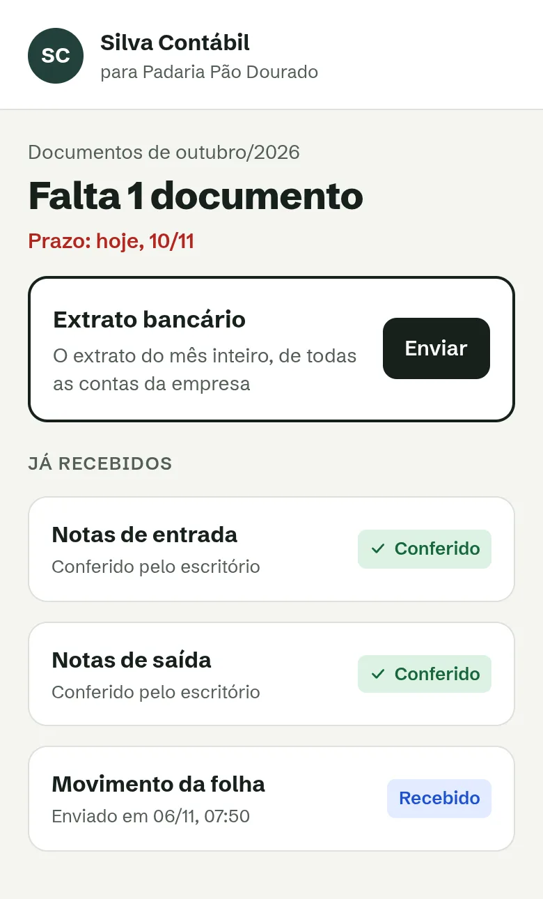 Portal da Padaria Pão Dourado no celular: falta 1 documento, o extrato bancário, com prazo hoje, 10/11.